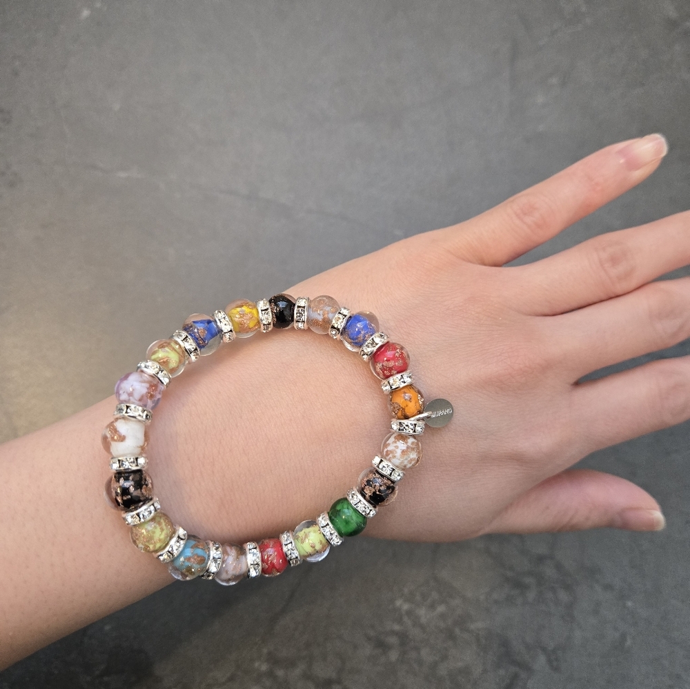 NEW Authentic Murano Glass Stretch Bracelet Multi Colors In Silver Tone